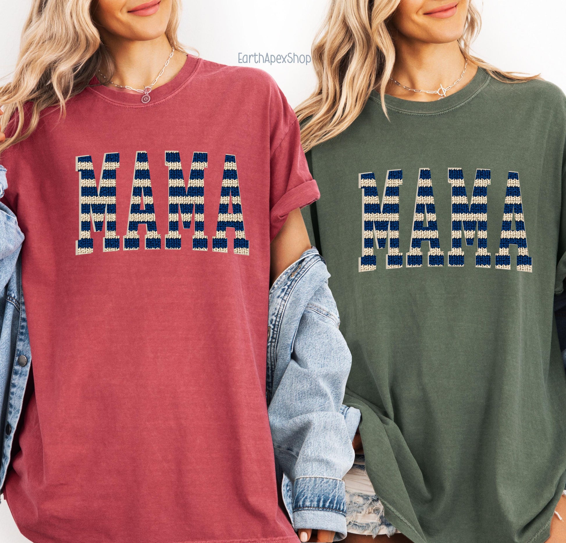 Nautical Stripe Mama T-shirt, Knit Graphic Red & Cream