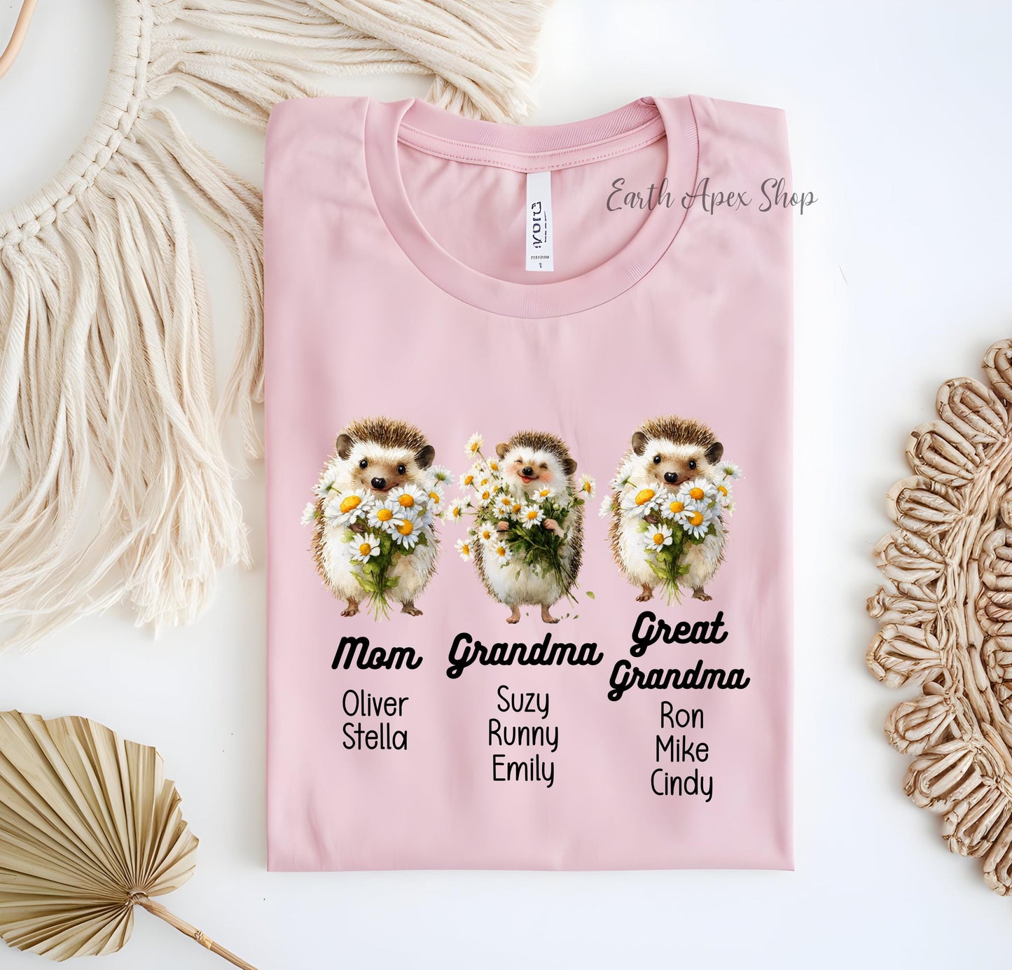 Personalized Hedgehog Grandma Shirt with Grandkids' Names, Custom New Mama Gift, Daisy Mother’s Day Outfit