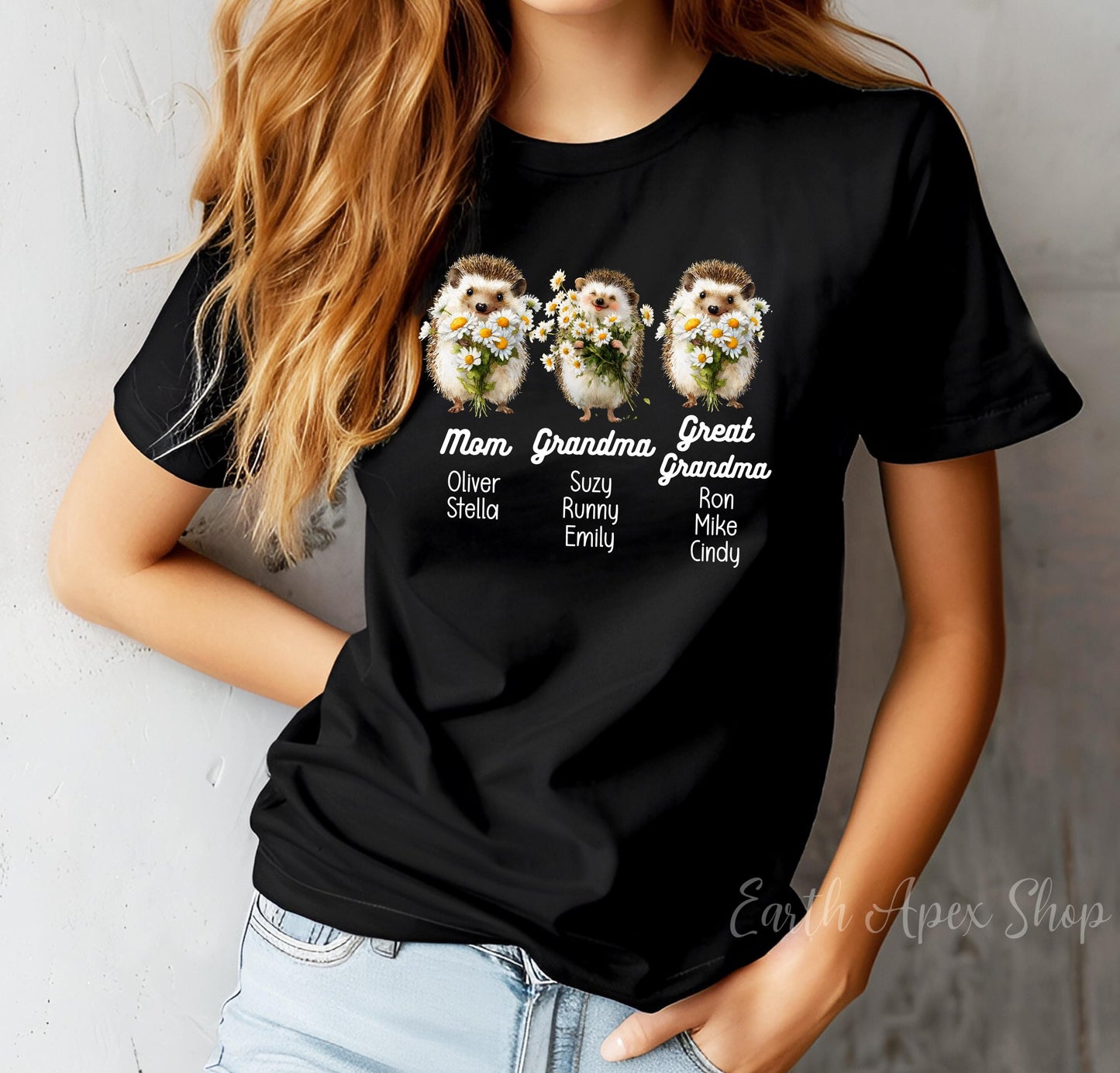 Personalized Hedgehog Grandma Shirt with Grandkids' Names, Custom New Mama Gift, Daisy Mother’s Day Outfit