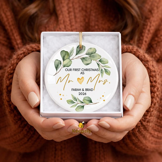 Personalized First Christmas Married Ornament – Eucalyptus Wreath Newlywed Keepsake