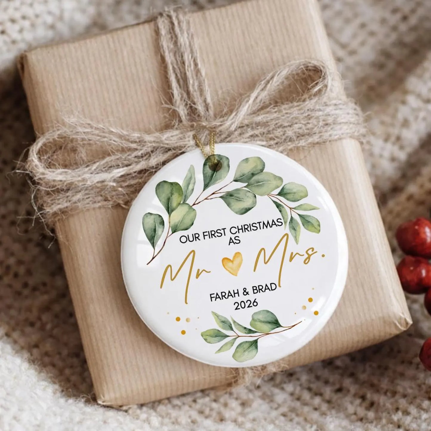 Personalized First Christmas Married Ornament – Eucalyptus Wreath Newlywed Keepsake