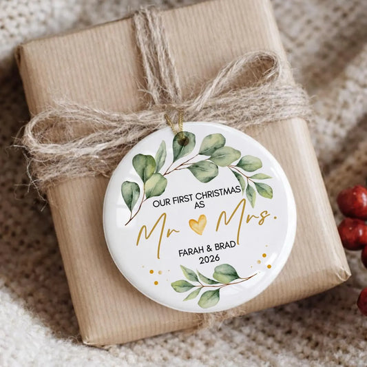Personalized First Christmas Married Ornament – Eucalyptus Wreath Newlywed Keepsake