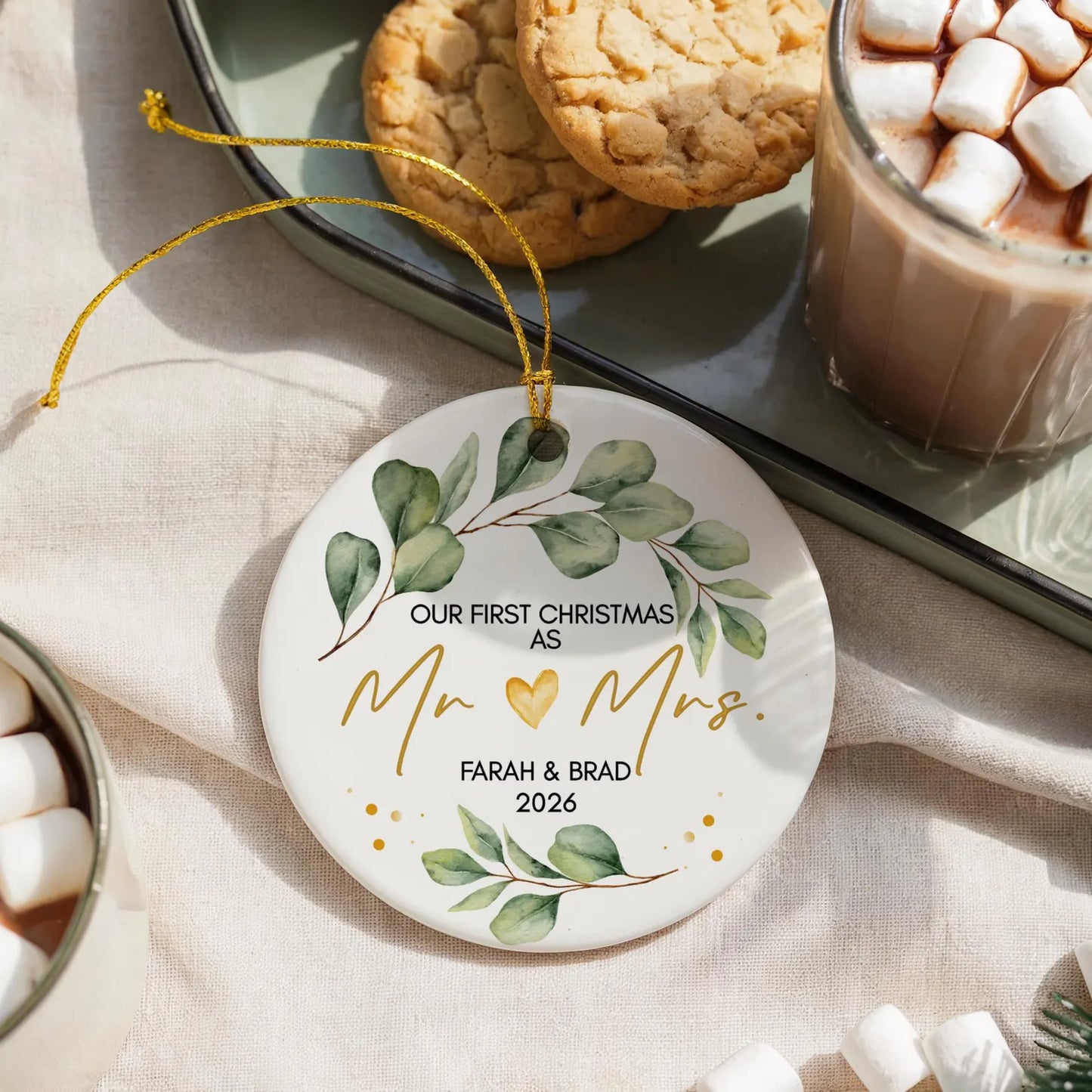 Personalized First Christmas Married Ornament – Eucalyptus Wreath Newlywed Keepsake