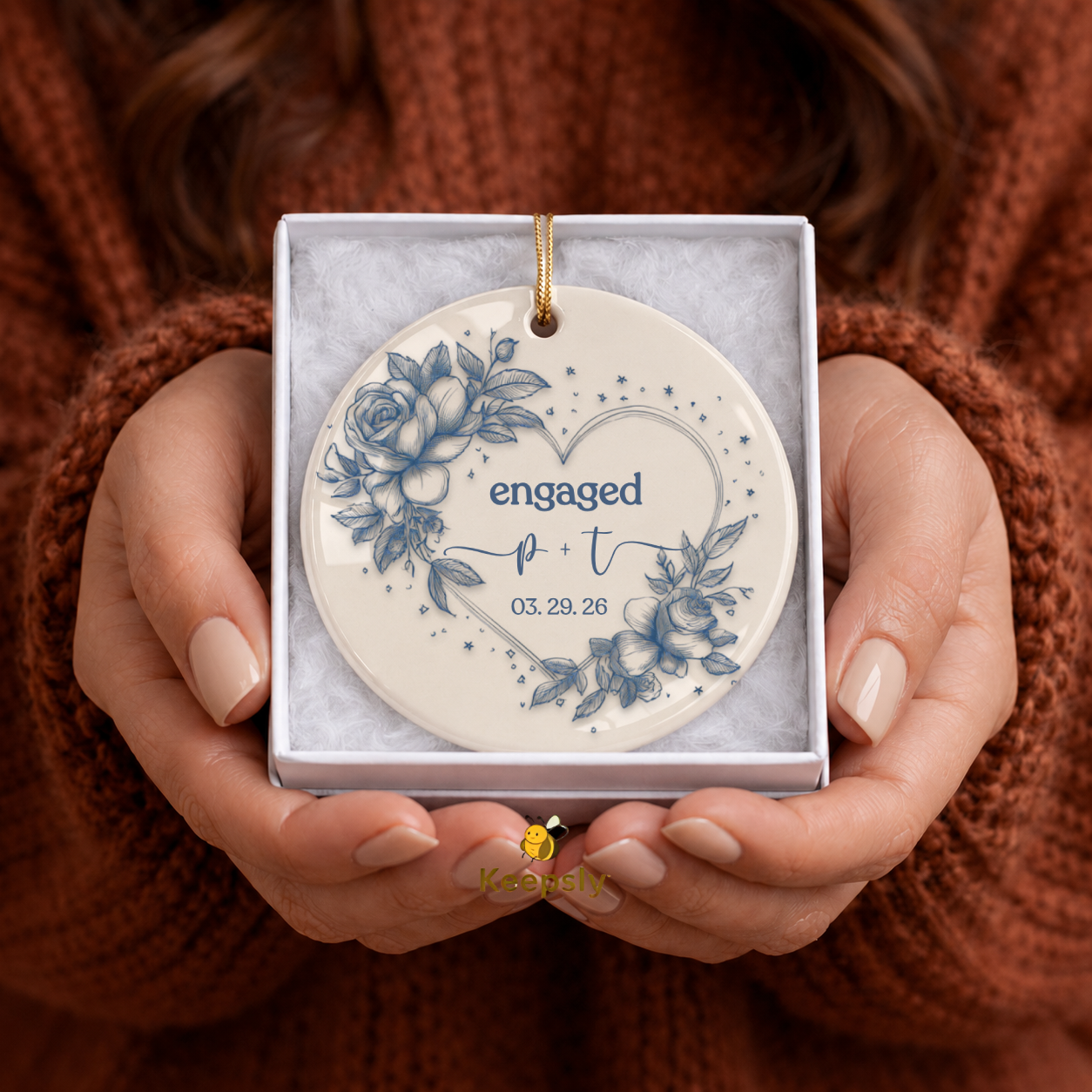 Chinoiserie Engagement Ornament, Custom Couple Initials & Date Floral Heart Keepsake Gift
