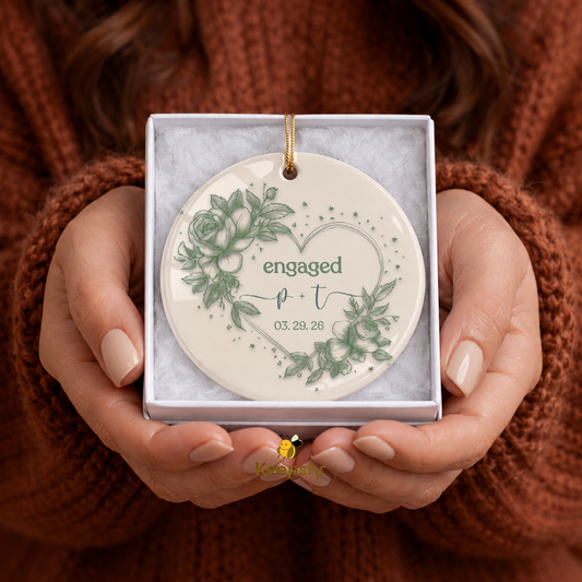 Chinoiserie Engagement Ornament, Custom Couple Initials & Date Floral Heart Keepsake Gift
