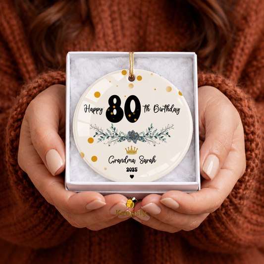 Personalized 80th Birthday Gifts Women Black and Gold Floral Ceramic Ornament