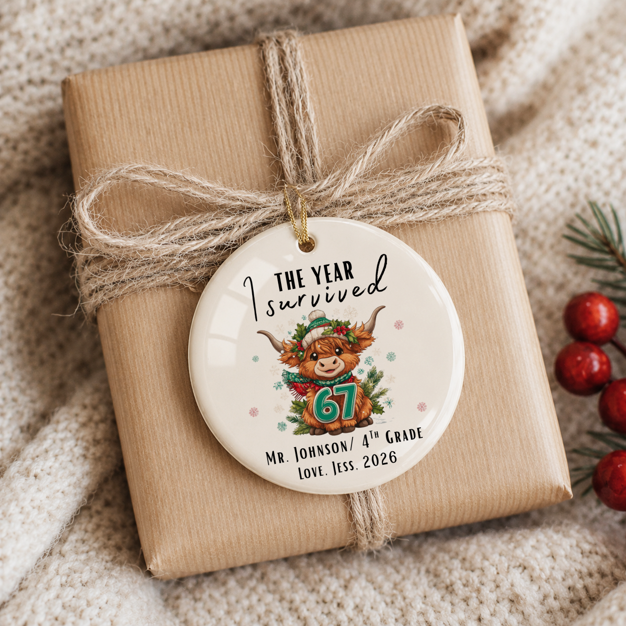 Personalized 67 Highland Cow Teacher Ornament – 2026