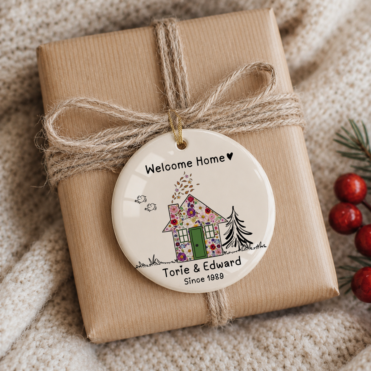 Personalized Welcome Home Ornament – Custom Floral Family Keepsake