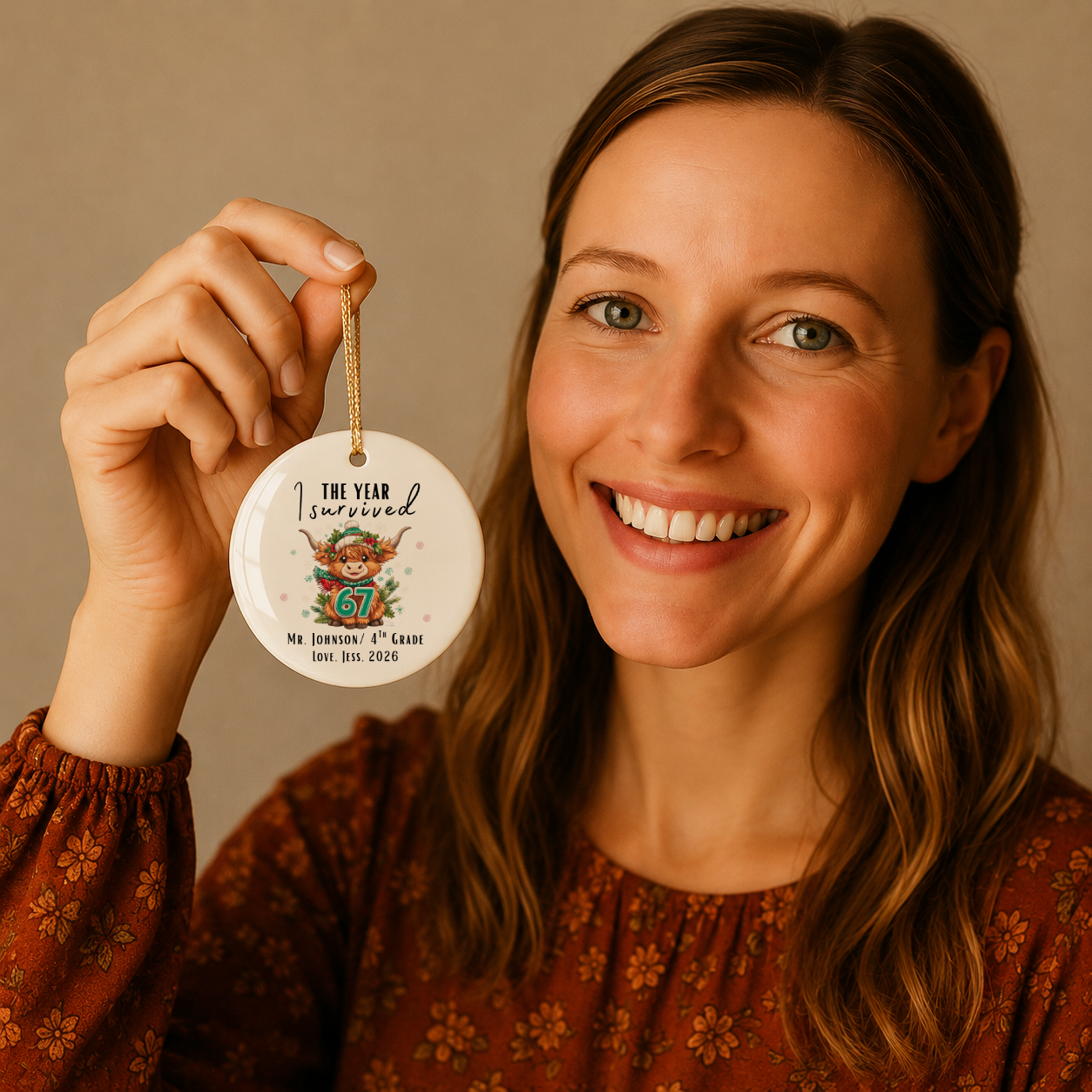 Personalized 67 Highland Cow Teacher Ornament – 2026