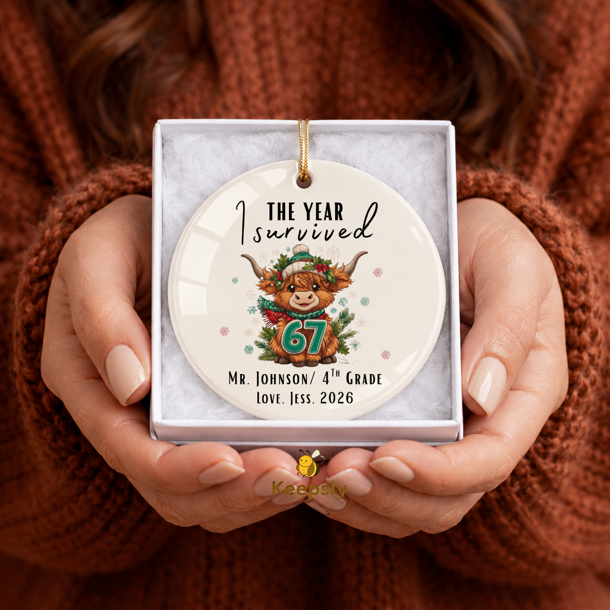 Personalized 67 Highland Cow Teacher Ornament – 2026