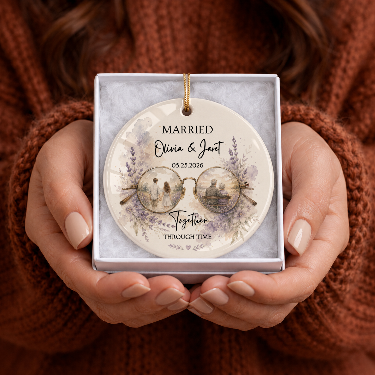 Married personalized ornament in white gift box – ceramic round with vintage glasses showing couple through time, lavender design, custom names Olivia & Jaret
