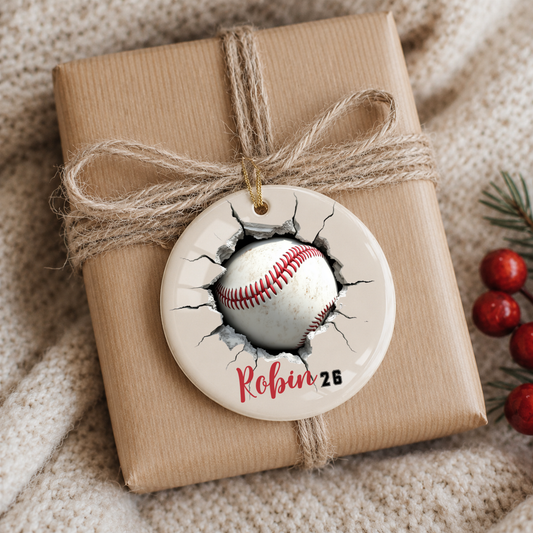 Gift wrapped in brown paper with a personalized baseball ornament featuring a 3D baseball design and a name and number text.
