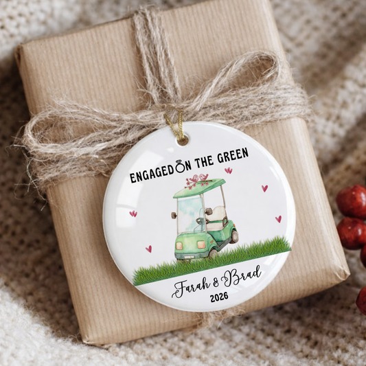 Engaged on the Green Golf Cart Ceramic Ornament — Personalized