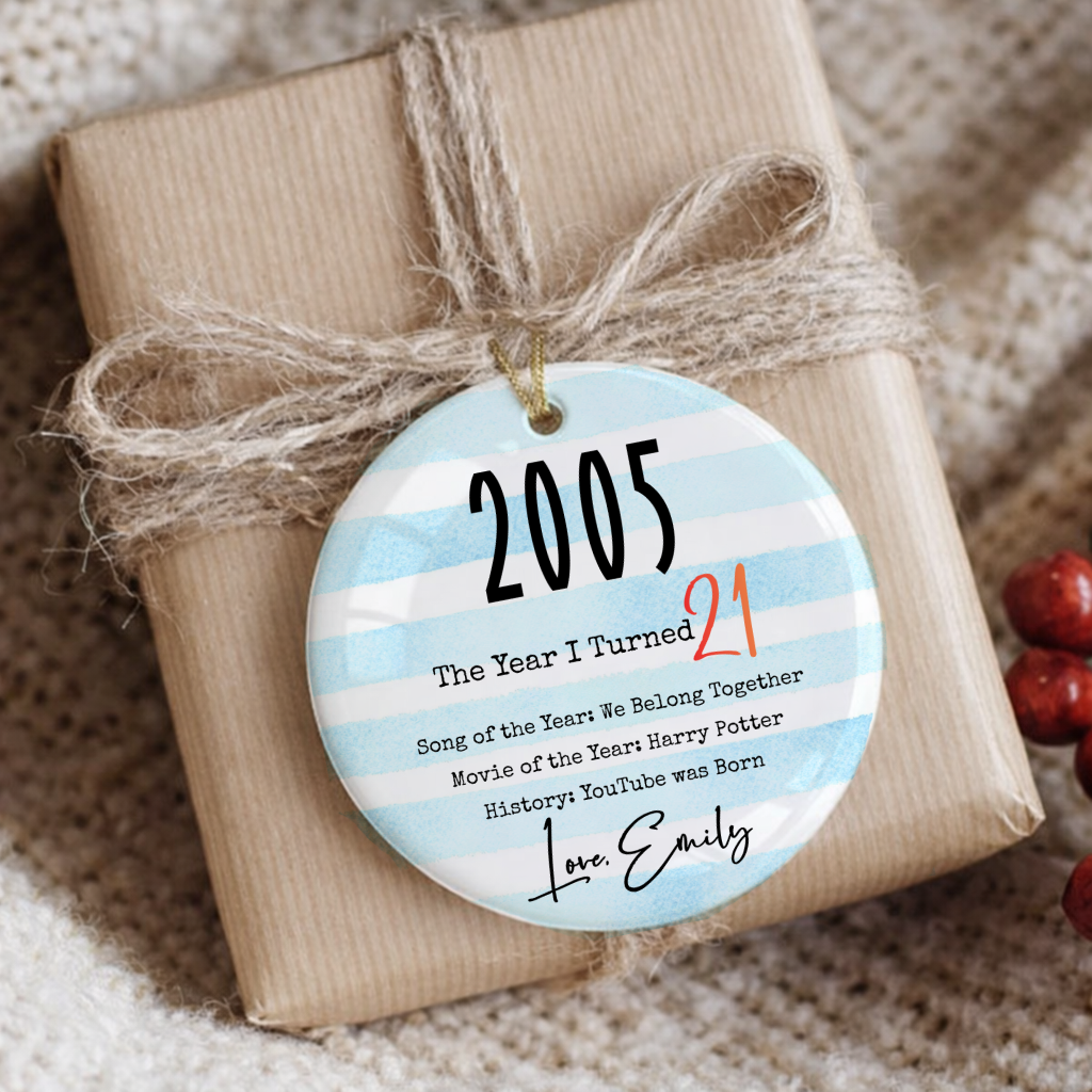 Personalized 21st Birthday Ornament, Blue Stripe Bday Gifts, 2005 Milestone Keepsake