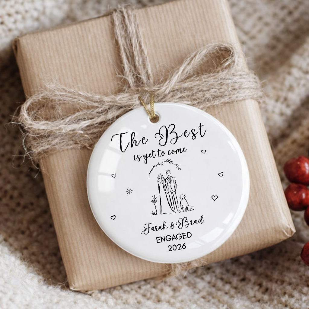 Engagement Ornament • Personalized Couple & Dog Keepsake • Custom Names & Year • Newly Engaged Gift