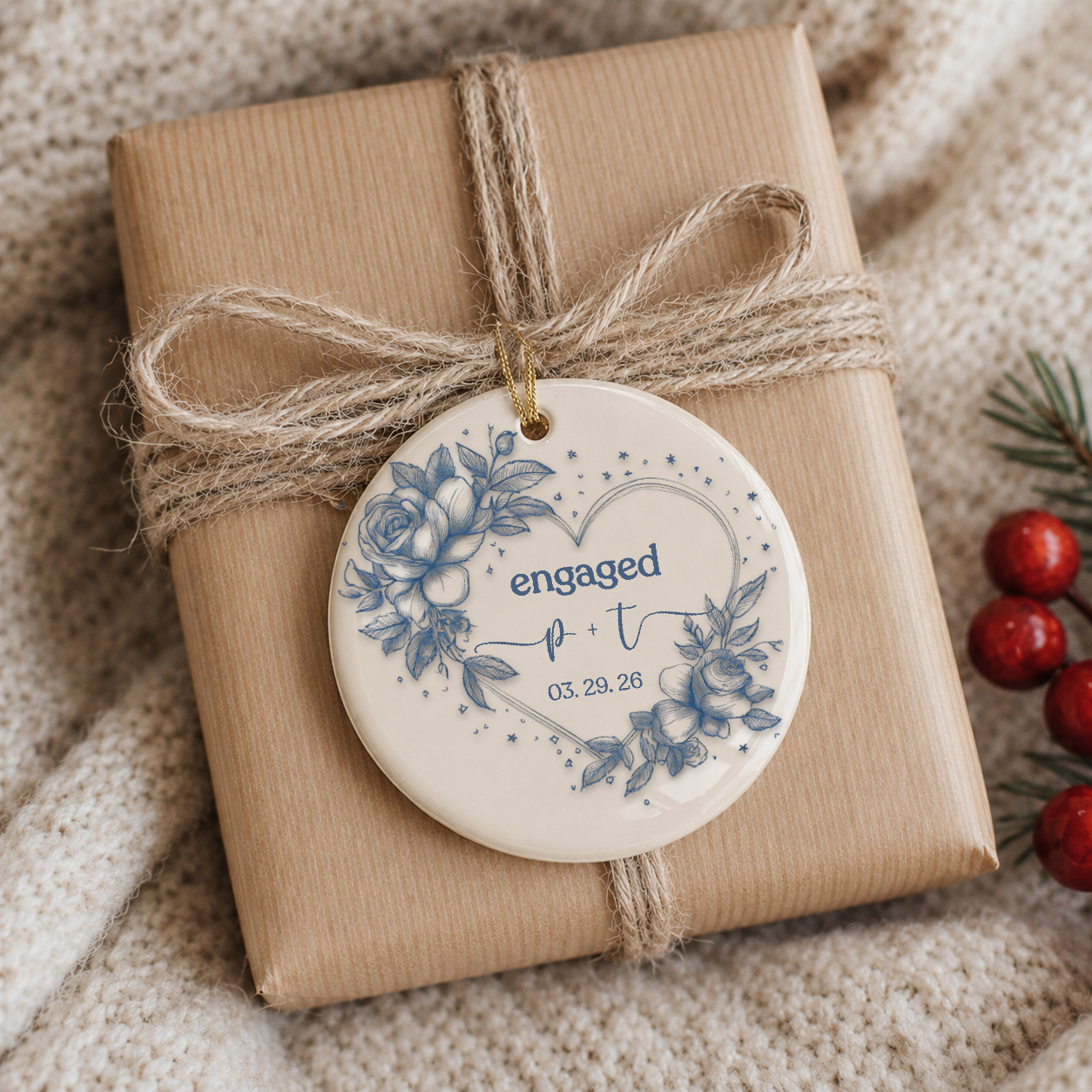 Chinoiserie Engagement Ornament, Custom Couple Initials & Date Floral Heart Keepsake Gift