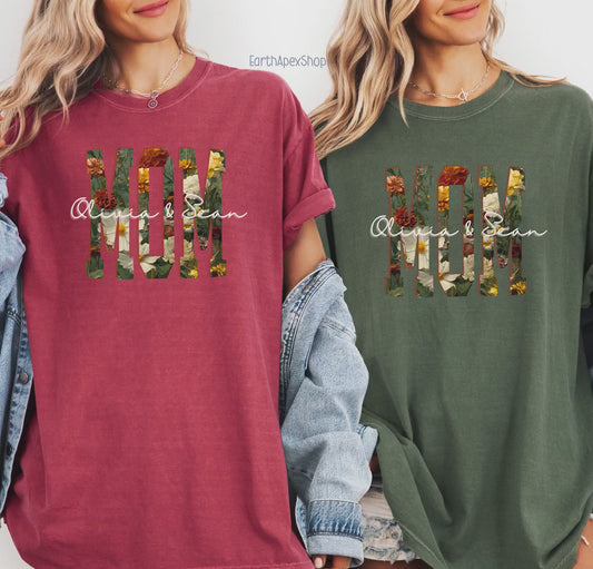 Personalized Floral Mom Shirt with Kids' Names, Wildflower Mother's Day Shirt, Comfort Colors Tee