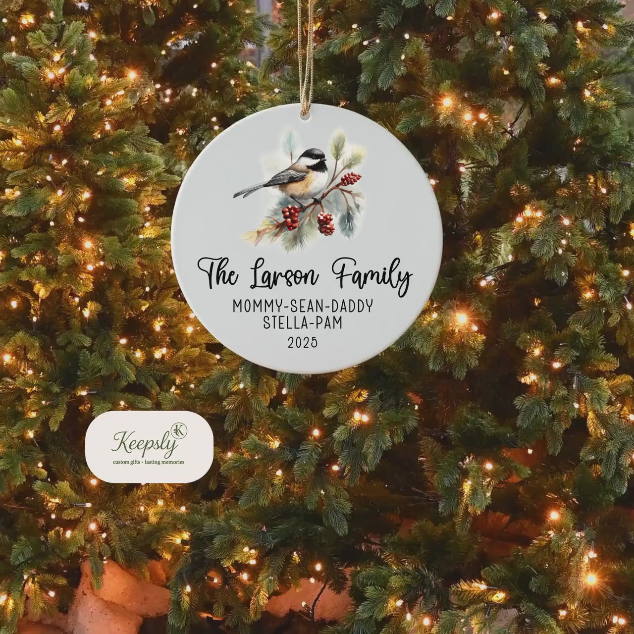 Personalized Family Name Ornament: Watercolor Black-capped Chickadee Ceramic Keepsake