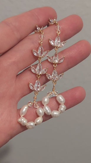 CZ floral Freshwater pearl hoop earrings