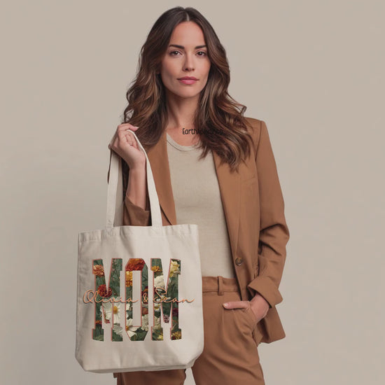 Personalized Floral Mom Tote Bag with Kids Names, Mother's Day Gift Canvas Shopping Bag