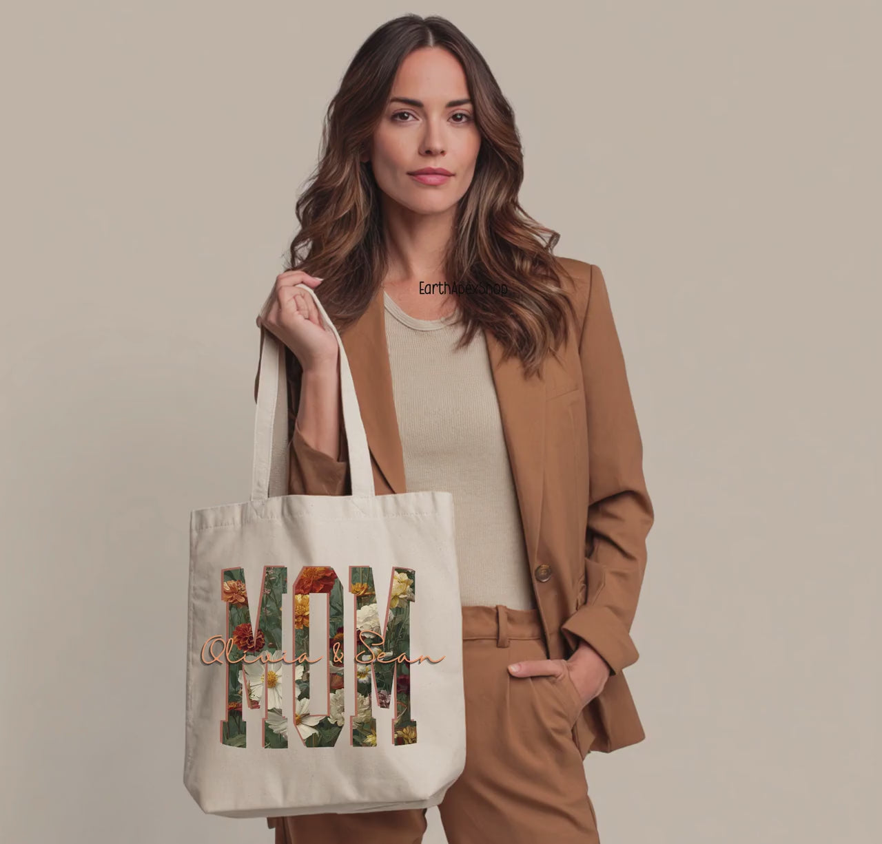 Personalized Floral Mom Tote Bag with Kids Names, Mother's Day Gift Canvas Shopping Bag