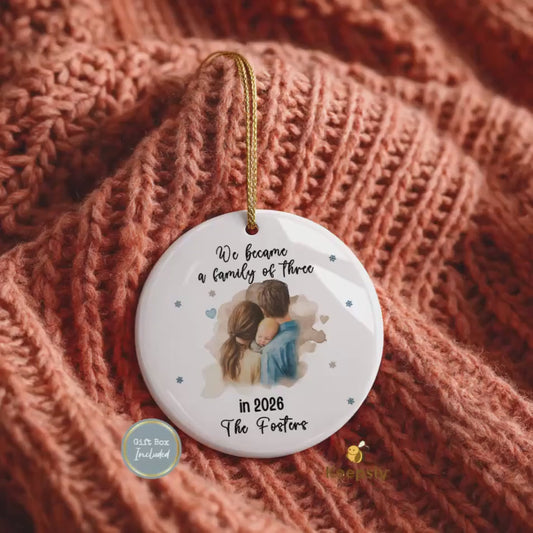 We Became a Family of Three Ornament 2026, Personalized New Baby Keepsake