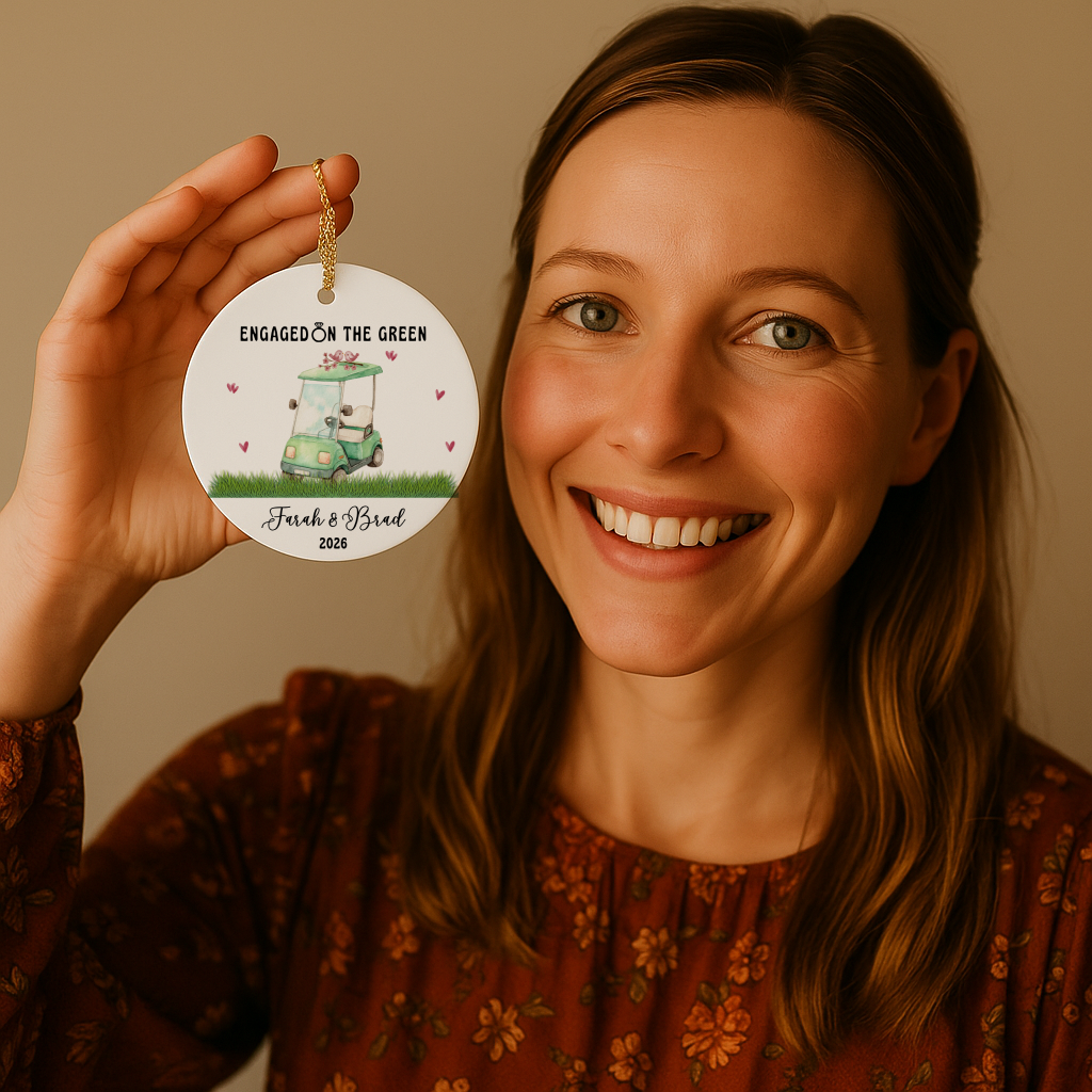 Engaged on the Green Golf Cart Ceramic Ornament — Personalized