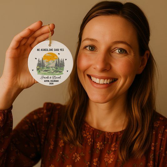 He Asked, She Said Yes — Personalized Hiking Engagement Ceramic Ornament