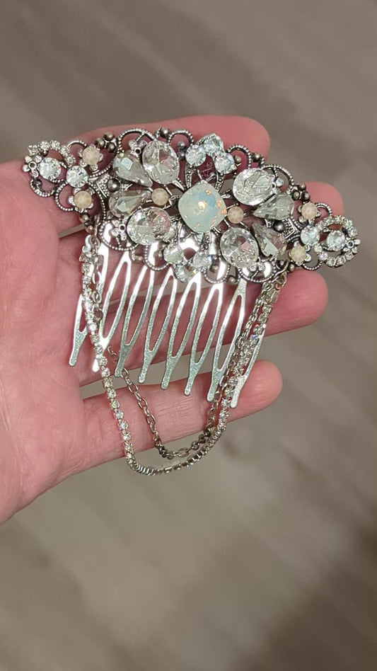 Antique Silver Opal Hair Comb, Fiza