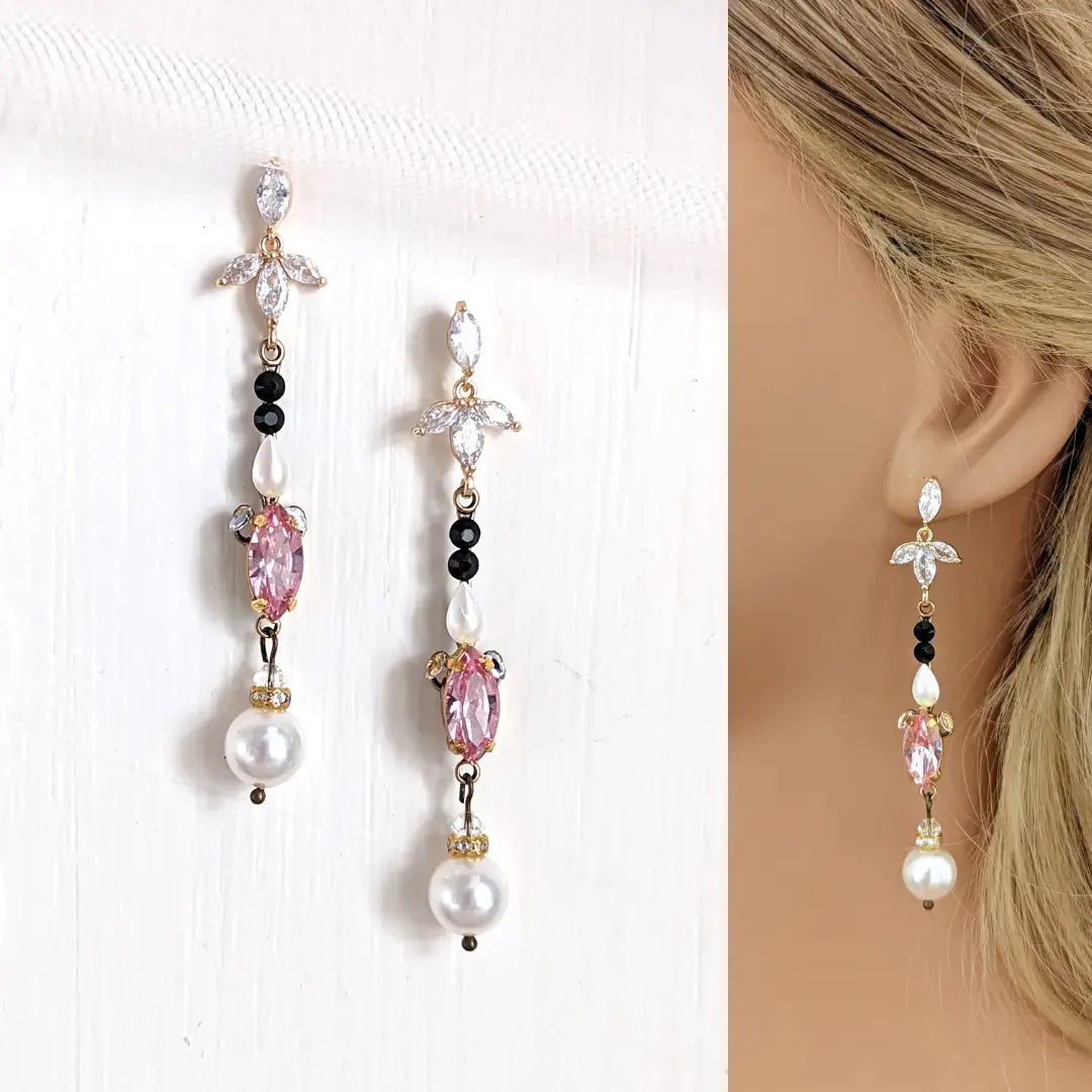 pink and black long earrings