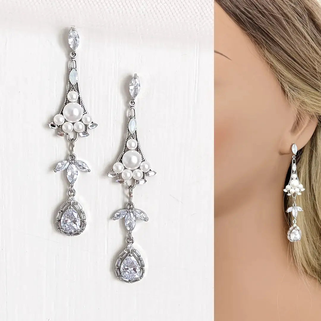 long Art Deco pearl earrings