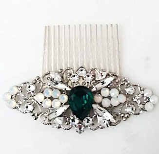 Emerald Hair Comb with Opal Crystals in Vintage Style - JazzyAndGlitzy