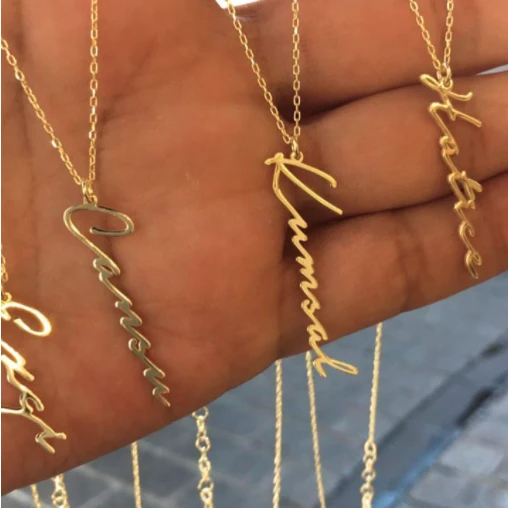 Vertical Name Necklace Gold, Handwriting Signature Any Name Or Word