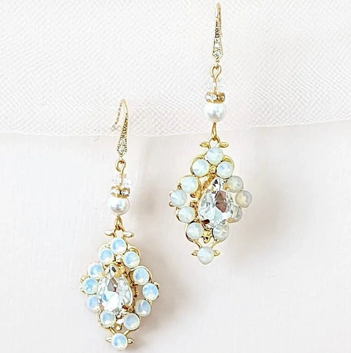 Crystal Wedding Earrings with Gold Sterling and White Opal - JazzyAndGlitzy