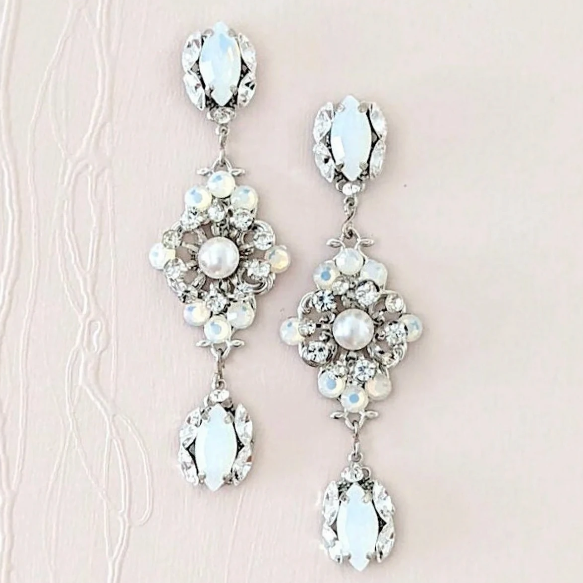 Vintage Style Long Bridal Earrings with White Opal - JazzyAndGlitzy