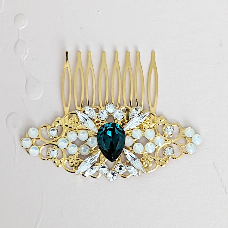 green and white opal bridal hair comb