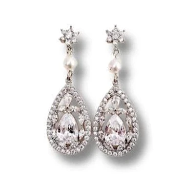 Statement Bridal Earrings of Cubic Zirconia Drop and Swarovski Pearl