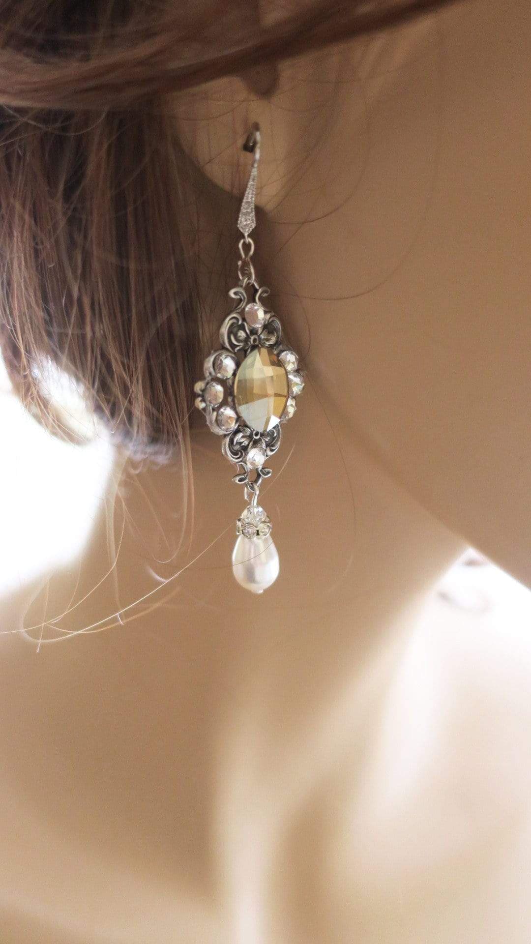 Long Wedding Earrings with Golden Swarovski Crystals MAE