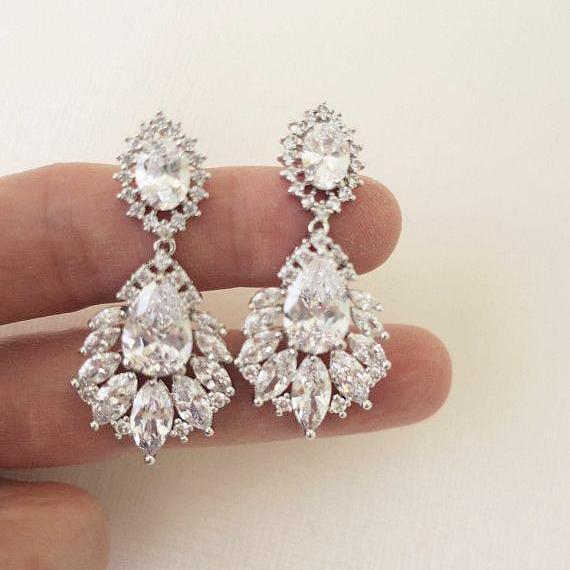 Art Deco Bridal Chandelier Earrings, CZ Crystal Wedding Earrings, Long –  Glitzlure
