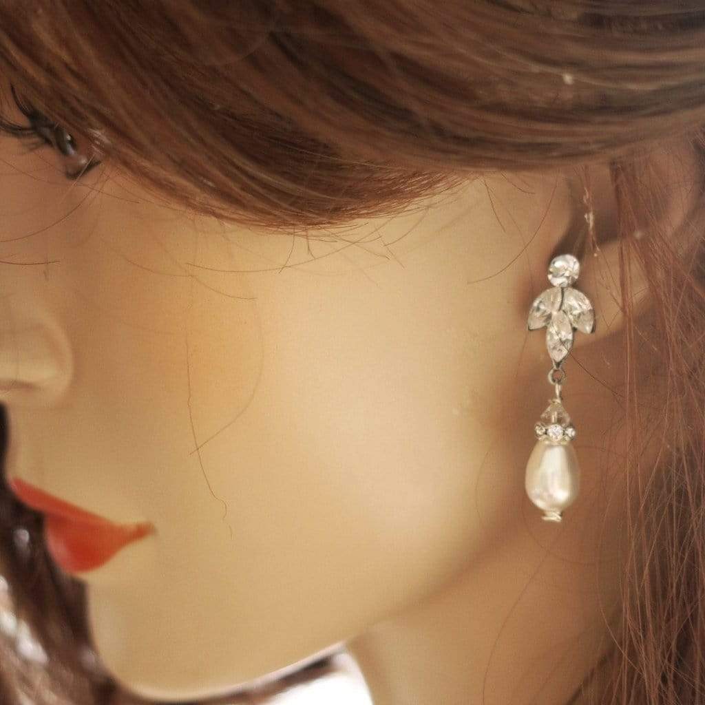 Crystal Leaf Pearl Drop Earrings