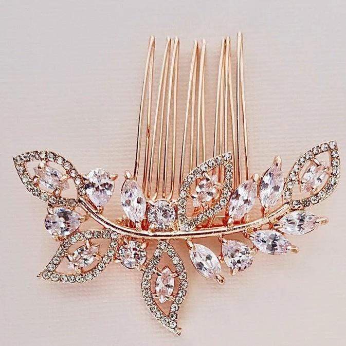 Gold Bridal Hair Comb With CZ Leaves