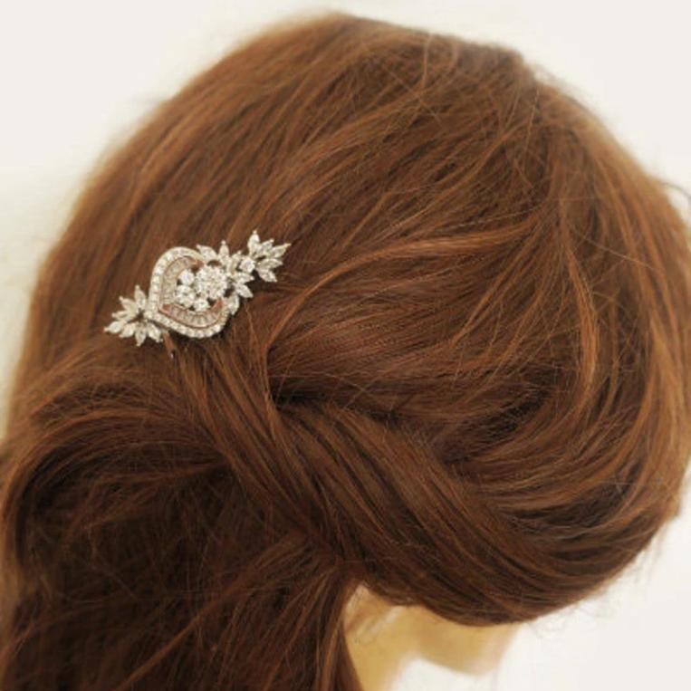 Gold Wedding Hair Comb with Crystal Leaves and Heart