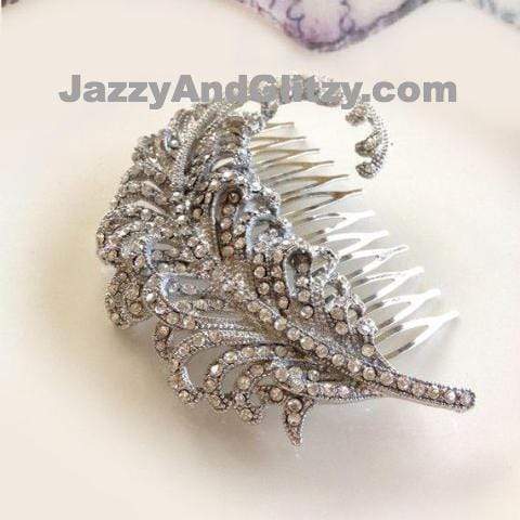 Bridal Hair Comb with Silver Rhinestone Feather