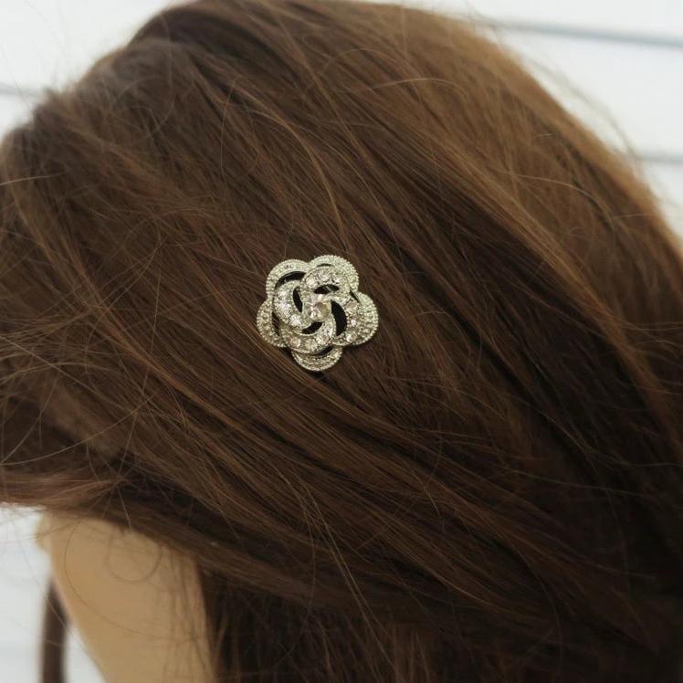 Rhinestone Flower Wedding Hair Pins in Silver