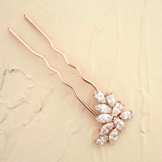 Rose Gold Leaf Crystal Bridal Hair Pin - JazzyAndGlitzy