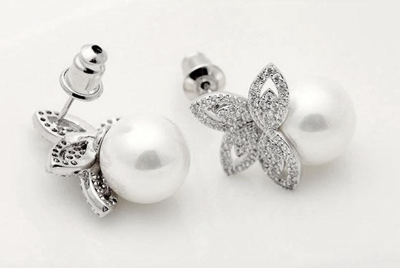 Dainty Pearl Earrings with CZ Leaf Post