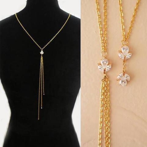 Dainty gold back necklace with cz flower and chains